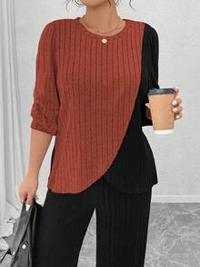 EMERY ROSE 大尺碼黑色秋季修身休閒居家服兩件套，柔軟針織羅紋圓領長袖不對稱拼接上衣與直筒長褲 - 彩色 - 查看 5