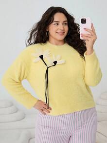SHEIN EZwear 大码休闲3D花卉装饰圆领毛衣 秋冬3D花朵毛衣 - 薑色 - 查看 3