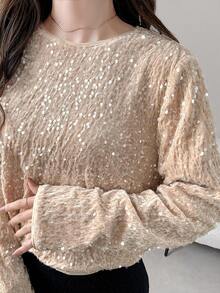 FRIFUL Women's Apricot Sequin Textured Fabric Round Neck Long Sleeve Bowknot Back Loose Casual Versatile T-Shirt, Autumn/Fall Glitter Top School - Apricot - View 4