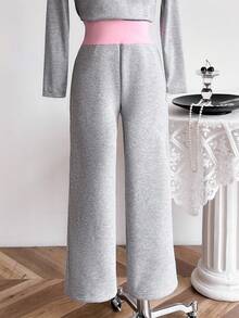 Sweetra Young Tween Girls' Casual Cute Contrast Color Patchwork Gray Sweatpants, Suitable For School, Female Students, Versatile, Personalized, Daily Wear Fall Winter