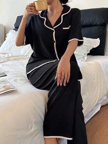 SHEIN Contrast Trim Lapel Casual Loose Short Sleeve Pajama Set Black Pj Set Women Black Pajama Set V Neck Pajama Set - Multicolor - View 4