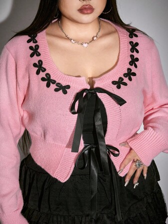 Kawaii Cardigan court tricoté avec décoration de nœud, grande taille