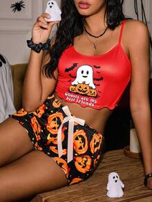 SHEIN Halloween Women Ghost Slogan Print Camisole And Shorts Pajama Set - Multicolor - View 4