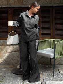 DAZY 女士休闲牛仔套头衫和直筒裤套装 - 黑色 - 查看 9