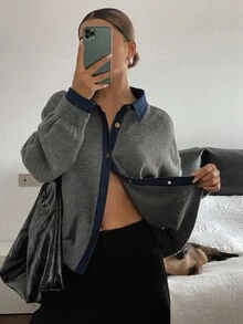 DAZY 女式休闲牛仔拼布落肩长袖开衫，秋冬 - 灰色 - 查看 5