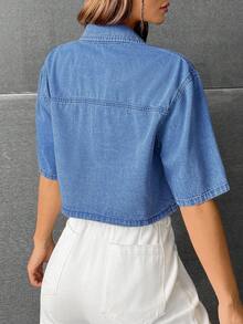 SHEIN EZwear 女士休闲短款牛仔衬衫，夏季 - 深色水洗藍 - 查看 2