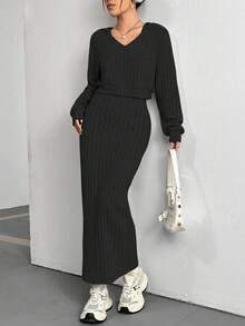 Flirla Solid Color V-Neck Ribbed Knit Long Sleeve Top And Skirt Set - Black - View 6