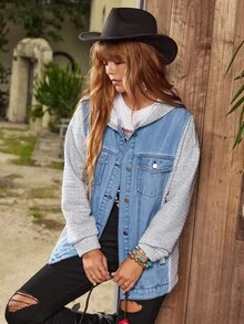 EMERY ROSE Women's Casual Button-Up Denim Hooded Jacket, For Daily Wear - Blue - View 3