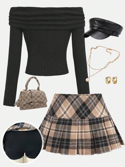 Girlism Conjunto informal de 2 piezas para adolescentes, estilo de campus de otoño: Suéter negro de punto acanalado con hombros descubiertos de manga larga, falda plisada a cuadros caqui