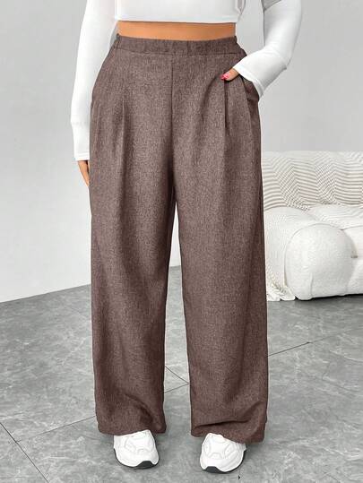 SHEIN Essnce Calças femininas plus size, moda outono e inverno, casual, solta, confortável, retrô, cinza, cintura elástica, pernas largas, calças femininas, calças de trabalho, roupas de outono, dinheiro antigo, calças vintage, calças curvas