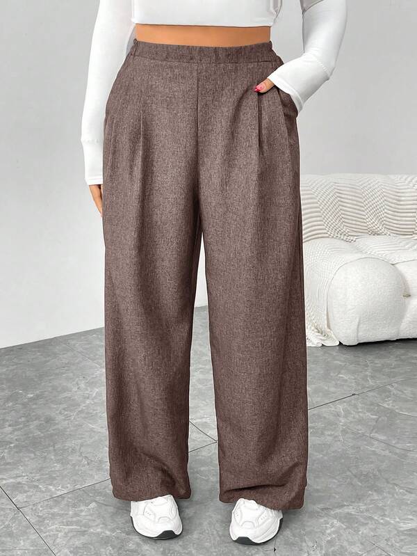 SHEIN Essnce Calças femininas plus size, moda outono e inverno, casual, solta, confortável, retrô, cinza, cintura elástica, pernas largas, calças femininas, calças de trabalho, roupas de outono, dinheiro antigo, calças vintage, calças curvas