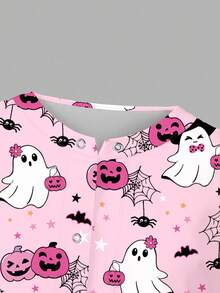 PopScrub Women's Cute Pink Pumpkin, Cartoon Ghost Digital Print Sweet Nurse Scrub Uniform Jacket For Halloween - Multicolor - View 3