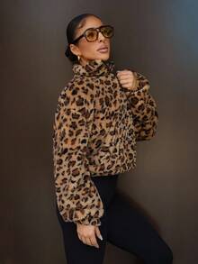 SAYEHFBABY 1pc Women's High Collar Zipper Long Sleeve Leopard Fluffy Pullover Sweatshirt,Long Sleeve Tops - Multicolor - View 4