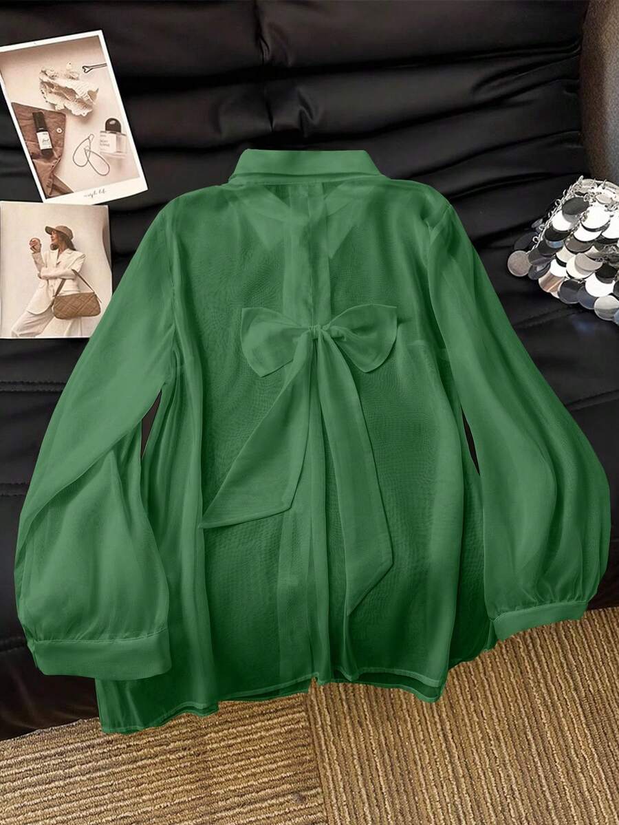 SHEIN Clasi 大码纯色休闲透明蝴蝶结长袖衬衫 - 綠色 - 查看 1