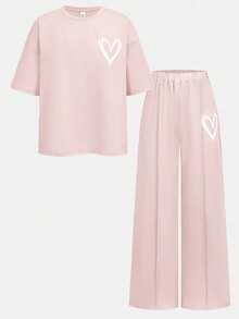 SHEIN Girlism 2 件套青少年女孩休闲宽松针织圆领超大牙签褶图案 T 恤和短裤套装，可爱的返校装，适合日常穿着、度假、家庭户外、春季野餐 - 粉色 - 查看 10