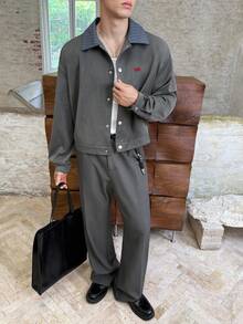 SWAVVY 男士时尚刺绣长袖纽扣衬衫，秋季 - 灰色 - 查看 1