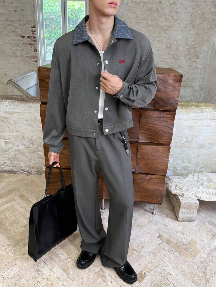 SWAVVY 男士时尚刺绣长袖纽扣衬衫，秋季 - 灰色 - 查看 1