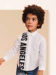 SHEIN Young Boy Casual Letter Print Long Sleeve Shirt, Los Angeles Shirt Boys, Boys Long Sleeve Shirt, Boys White Shirt - White - View 1
