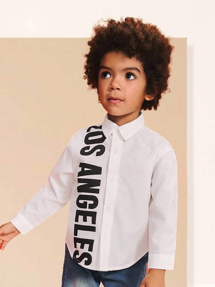SHEIN Young Boy Casual Letter Print Long Sleeve Shirt, Los Angeles Shirt Boys, Boys Long Sleeve Shirt, Boys White Shirt - White - View 1