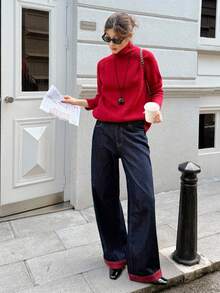 K-Vae Women's Autumn And Winter Dark Blue Contrasting Edge Daily Jeans, Loose Casual Jeans, Winter Fashion Items,Alloween Costumes,Chic Autumn