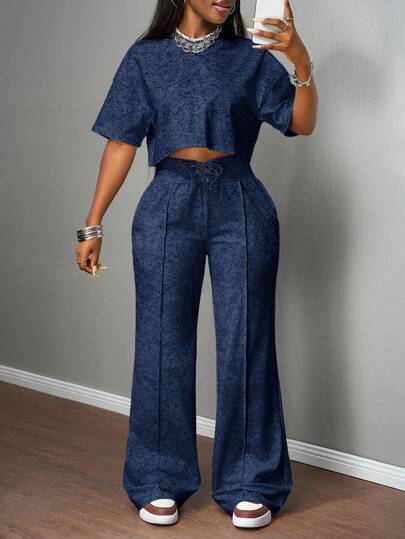 Slaydiva 2025 Spring And Summer New All-Match Casual Street Style Black And Gray Snowflake Fabric, Round Neck Loose Short-Sleeved T-Shirt + High Waist Strap Flared Trousers Ladies Two Pieces Suit, Suitable For Music Festivals, Easter, St. Patrick, Daily Outings, Parties, Graduation Season, Sports And Leisure