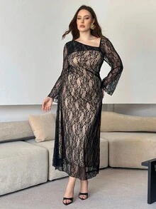 Modelyn 优雅大码女式蕾丝束腰连衣裙 - 黑色 - 查看 6