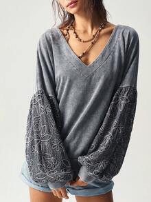 Bohemela 休闲纯色针织撞色蕾丝边宽松水洗T恤女秋冬装 - 灰色 - 查看 5