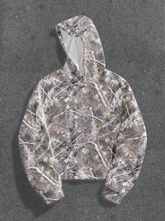 Manfinity Roghcode Men's Boxy Cropped Loose Camo & Dry Leaf Print Thermal Lined Hoodie Sweatshirt, For Fall Winter