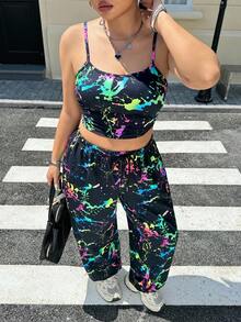 Muchica Women's Plus Size Ink Splatter Print Cami Top And Jogger Pants Set - Multicolor - View 7