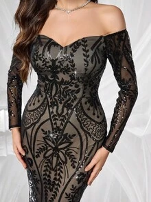 Coutiva Vestido elegante y hermoso con contraste de color con lentejuelas, espalda descubierta, manga larga y caída de hombros, adecuado para cenas formales, ceremonias de graduación, invitados de boda y fiestas de cumpleaños - Negro - Ver 7