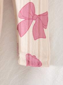 SHEIN Vintaside Kids 6件套可爱女婴春秋罗纹面料蝴蝶结印花/蝴蝶结印花/纯紫红色长袖弧形下摆T恤和修身裤休闲时尚装 - 粉色 - 查看 5