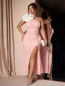 Allurite Robe longue rose pour femmes grandes tailles, épaule unique drapée avec fleurs 3D, fente haute, sexy et élégante, pour soirée - Rose bonbon - Voir 3