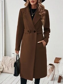 SHEIN Tall 女士基本款通勤和商务大衣，翻领，纽扣腰带，秋冬 - 咖啡棕 - 查看 4