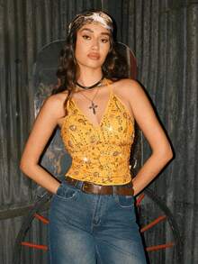 Easelle Top Sequin Embroidered Top Orange Autumn Wear Women's Halter Neck Sequin Top Orange Autumn And Winter Retro Party Festival Wear - Orange - View 4