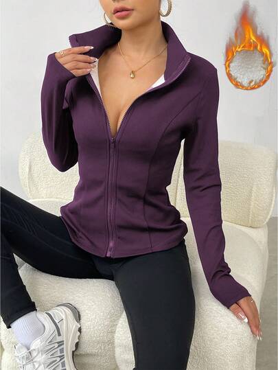 EMERY ROSE 1pc Women's Solid Color Zip-Up Long Sleeve Fitted Fleece Jacket