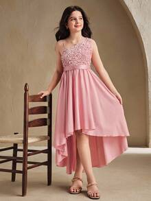 Anewsta Flower Girl High-End Sequin One Shoulder Cutout A-Line Uneven Hem Mid-Length Dress, Suitable For Weddings, Formal Events, Birthday Parties