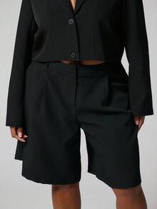 MUSERA 加大码长款修身短裤，适合日常商务休闲工作装，情人节夏季款 - 黑色 - 查看 2