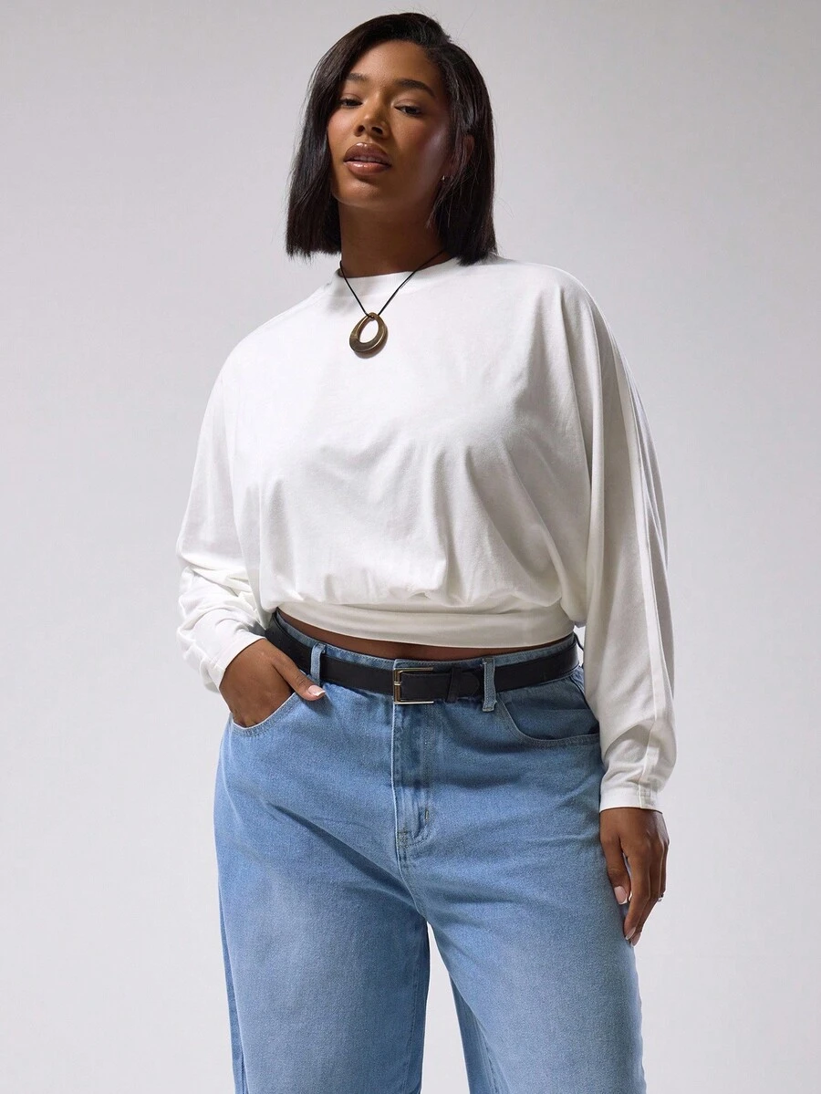 MUSERA Top en jersey à manches longues, taille cintrée, manches bouffantes, coupe courte, grande taille. Style de rue mignon pour tous les jours, fêtes, vacances et soirées - Blanc - Voir 1