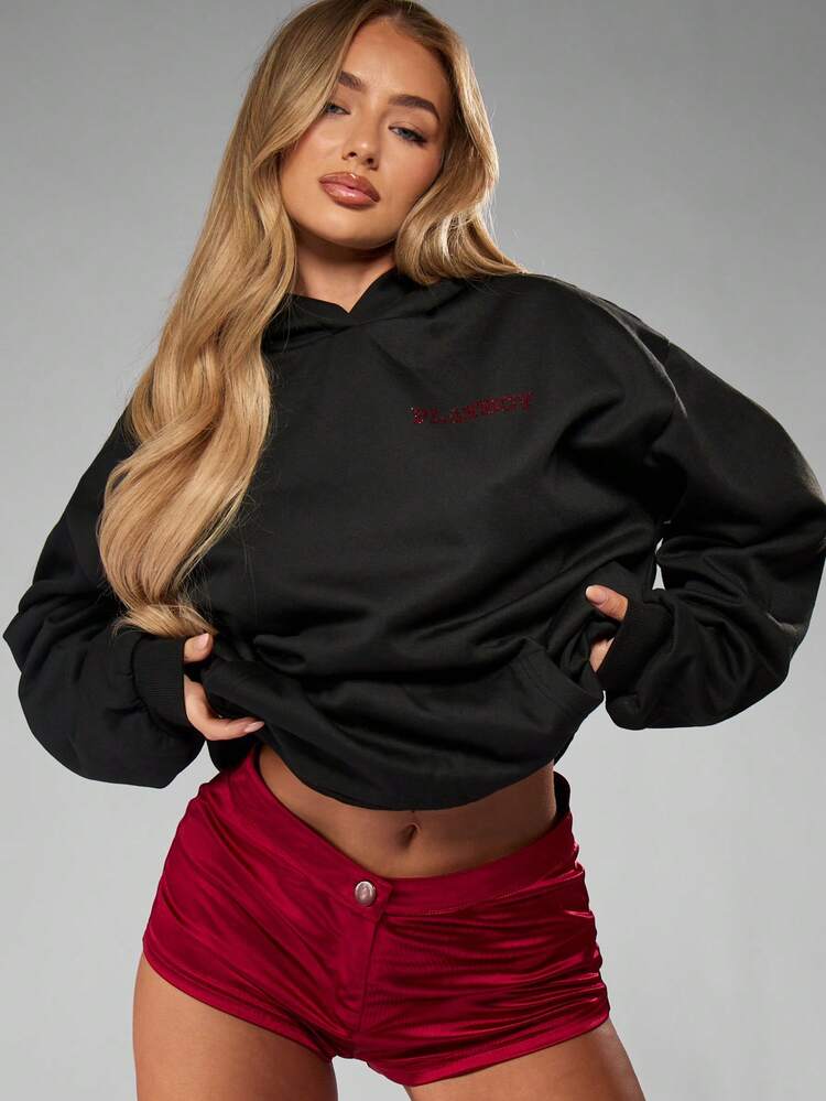 Missguided x Playboy Oversized Hoodie With Rhinestone Bunny Logo Design For Casual Winter Streetwear