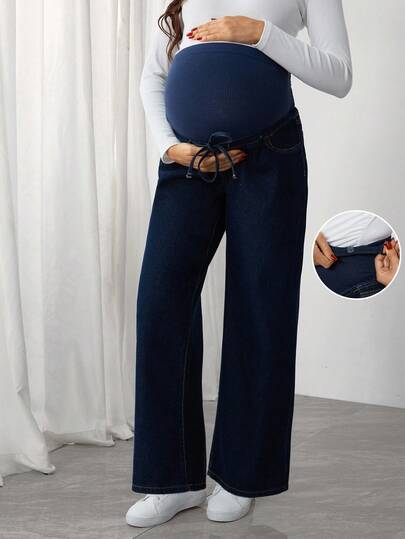 SHEIN 可调节腰部宽松孕妇牛仔裤，秋季休闲装