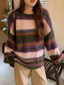 DAZY Women's Loose Casual Striped Basic Crew Neck Sweater, Autumn/Winter - Coffee Brown - View 5