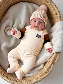 SHEIN 2pcs/Set Toddler Baby Boy/Girl Soft & Comfortable Casual Patchwork Contrast Color Crew Neck Long Sleeve Sweater And Pants Set, Knitted Outfit Suitable For Indoor, Outdoor, Daily Wear, Sports, Play, Party, Photo Shoot, Holiday, All Seasons,In Fall/Winter - Apricot - View 4