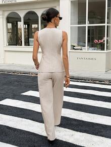 SHEIN Tall 女式条纹无袖上衣和裤子两件套，高品质金属扣设计，秋季 - 米色 - 查看 2