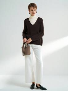 Airaco Women's Deep V-Neck Loose Solid Color Long Sleeve Casual Sweater, Autumn/Winter - Coffee Brown - View 2