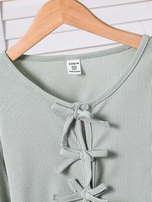 SHEIN Vintaside Kids 2pcs/Set Girls Casual Ribbed Knit Cardigan With Bow Decor And Minimalist Printed Slip Dress, Spring/Autumn Fall Winter - Mint Green - View 7