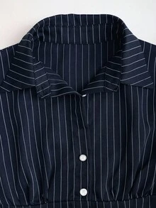 Sweetra Áo cánh tay dài họa tiết kẻ sọc cổ bẻ thời trang, màu sắc tương phản, ôm sát eo, tôn dáng cho nữ - Màu xanh lam - Xem 5