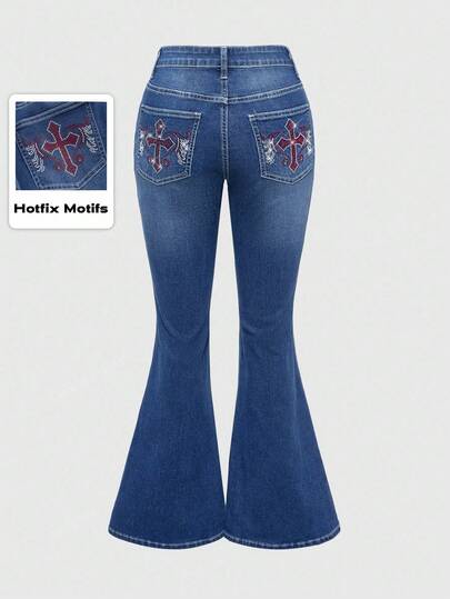 Grunge Punk Women's Cross Rhinestone Embellished Flare Jeans