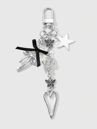 Kawaii 1 pieza Llavero/Accesorio para bolso con diseño minimalista de estilo Y2K, con mariposa de plata de alta gama, perla falsa, corazón hueco, estrella y lazo trenzado, adecuado para uso diario de mujeres/niñas, regalo para vacaciones