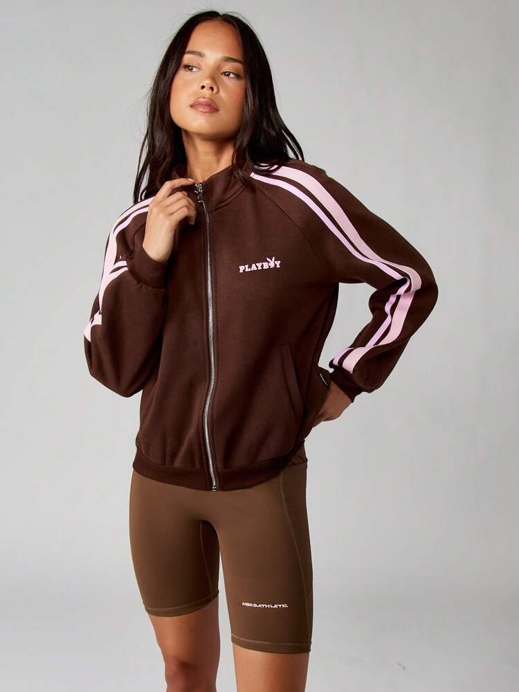Missguided x Playboy Oversized Zip Up Sweatshirt With Stripe Detail And Logo For Casual Comfort
