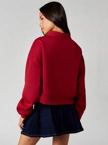 MISSGUIDED Áo nỉ cổ bẻ tay dài có khóa kéo cho nữ, áo len cardigan dáng ngắn, mặc mùa thu đông, mặc Giáng sinh - Màu Đỏ Sâu - Xem 2